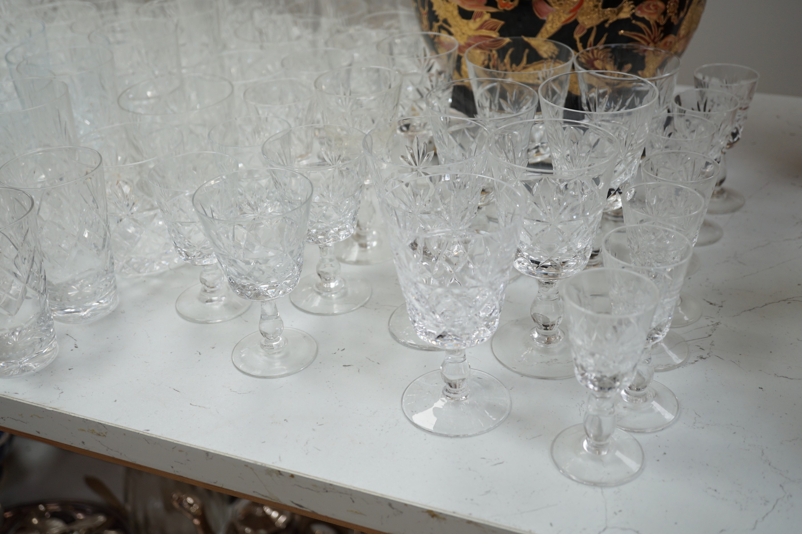 A large quantity cut glass suite of drinking glasses, mostly Brierley Queens pattern.